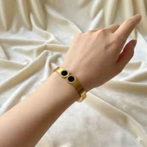 Gold Roman Black Stone Cuff Bangle | Stainless Steel Bracelet for Women