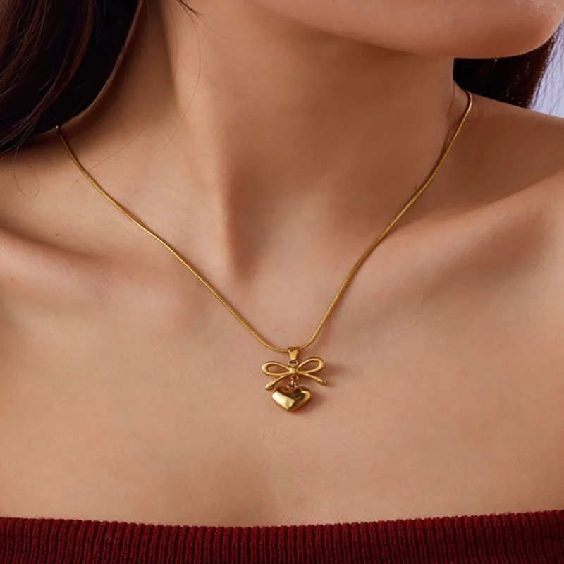bow heart Gold Bow Heart Pendant Necklace for Women | Daily Wear Stainless Steel