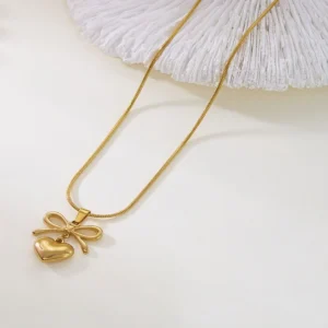 bowheart gold bow heart pendant necklace stainless steel daily wear