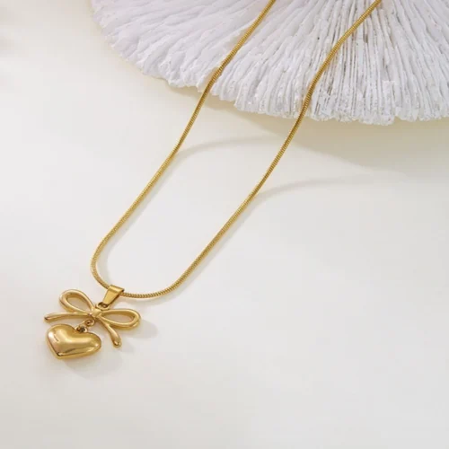 gold bow heart pendant necklace stainless steel daily wear