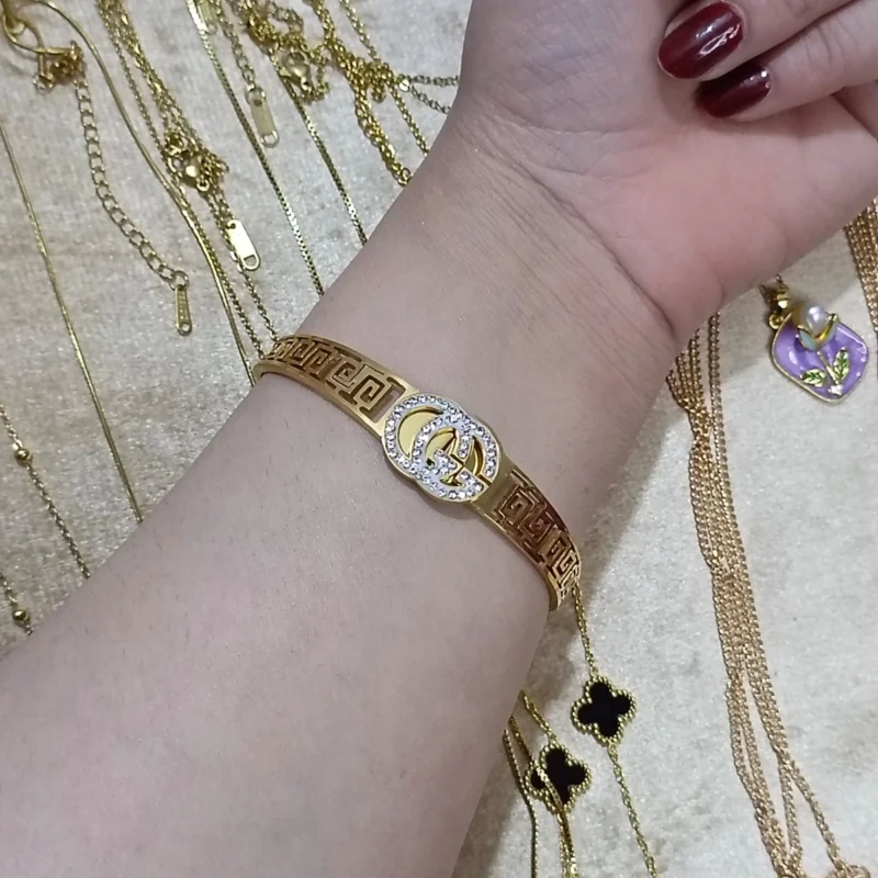 Gold Stainless Steel Bracelet with Crystal | Greek Key Design – Daily Wear
