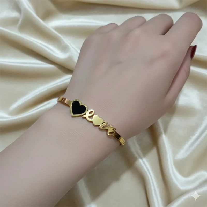LOVE Black Heart Gold Bracelet cuff– Stainless Steel Daily Wear Bracelet