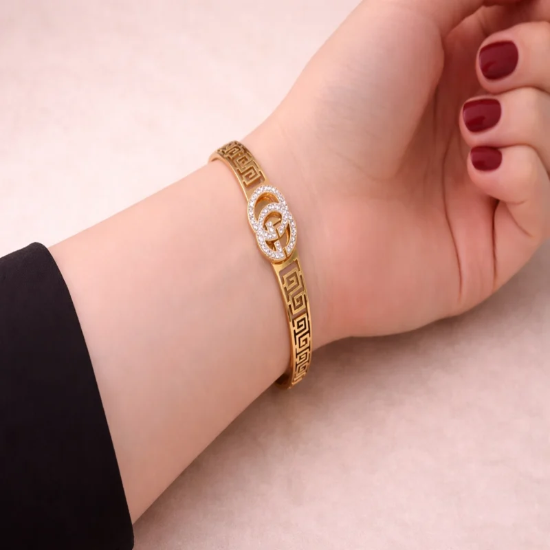 Gold Stainless Steel Bracelet with Crystal | Greek Key Design – Daily Wear