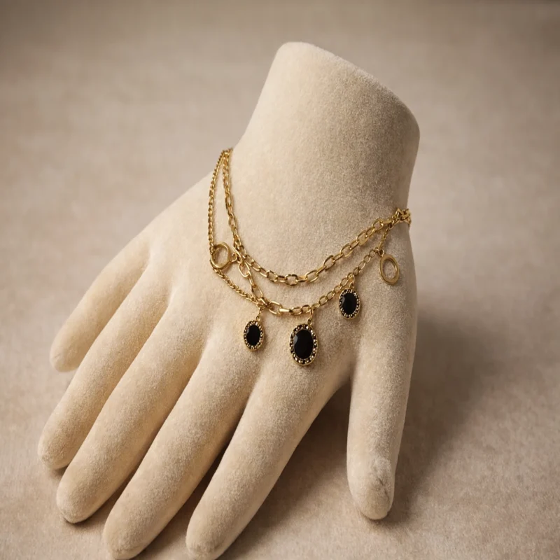 Elegant Black Charm Layered Bracelet – Gold Chain Adjustable Bracelet | Zbish Jewels