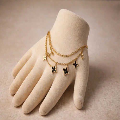 Elegant Black Clover Layered Bracelet – Gold Chain Adjustable Bracelet | Zbish Jewels