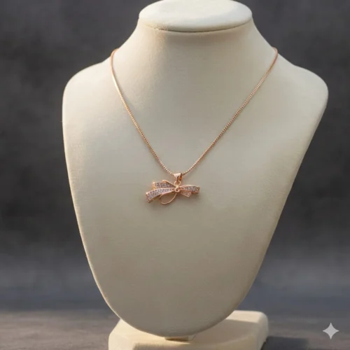 Elegant Rose Gold Bow Pendant Necklace – Crystal Bow Minimal Necklace | Zbish Jewels