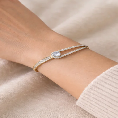 Cartier Oval Crystal Hand Cuff Gold Bracelet on Wrist – Zbish Jewels