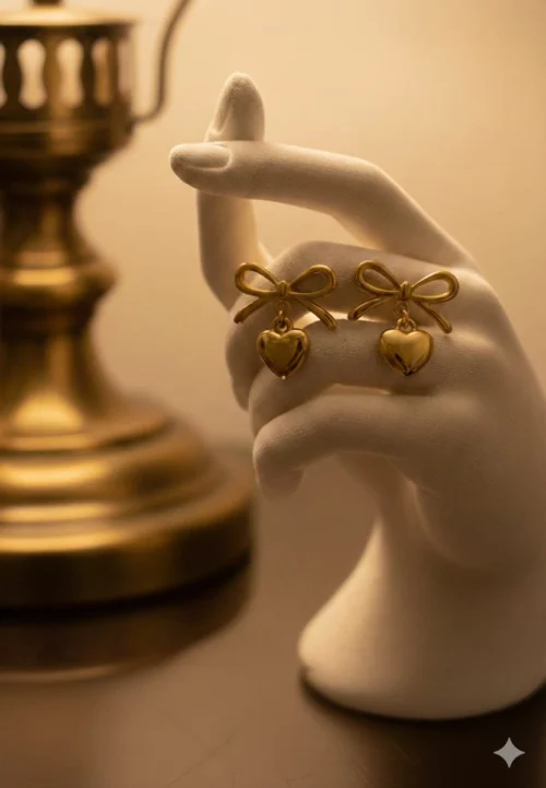 Gold Bow Heart Drop Earrings