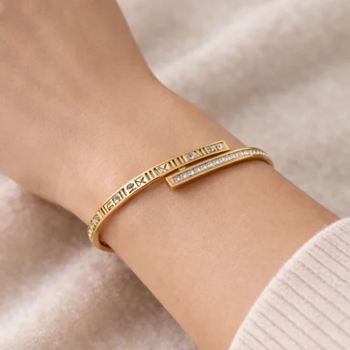 Cartier Roman Hand Cuff Gold Crystal Bracelet on Wrist – Zbish Jewels