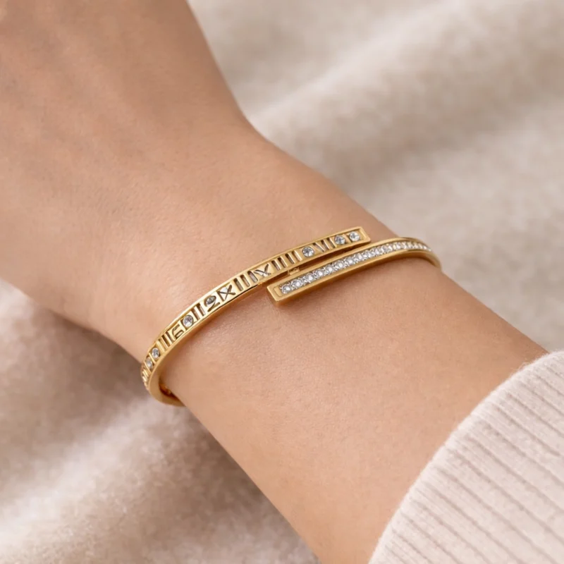 Cartier Roman Hand Cuff Gold Crystal Bracelet on Wrist – Zbish Jewels