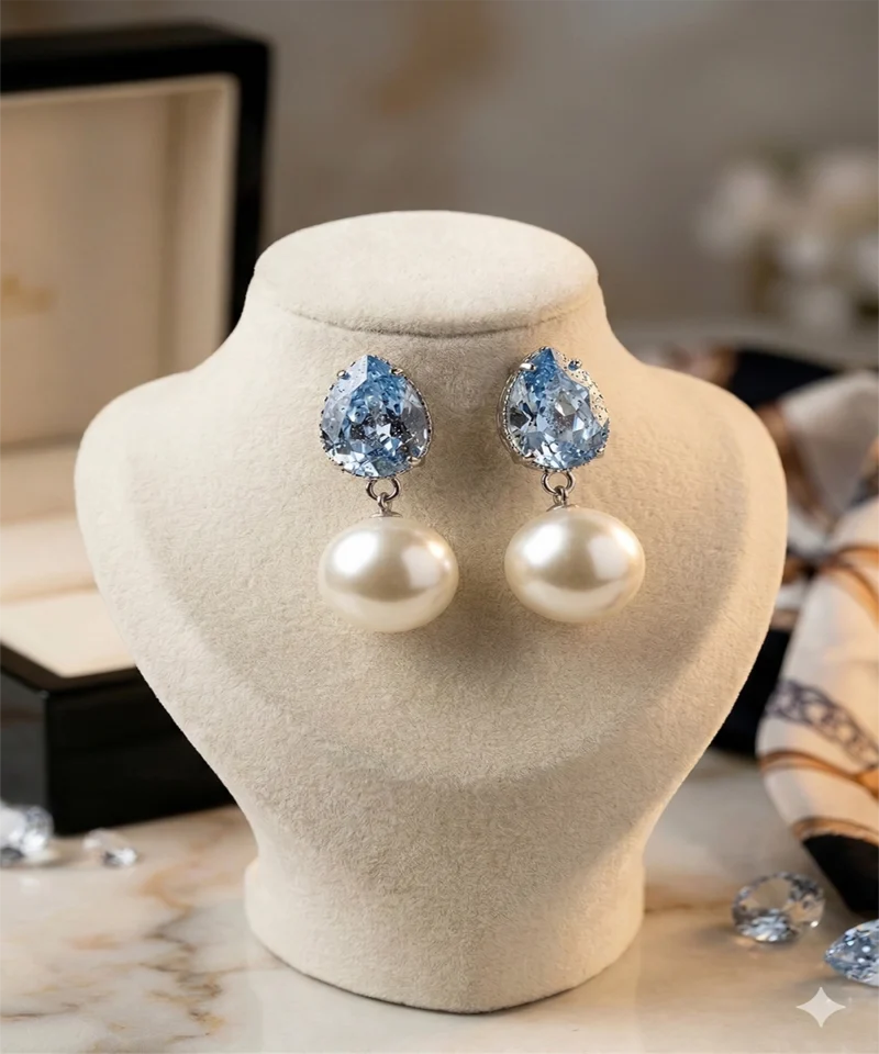 Celeste blue crystal pearl drop earrings luxury statement earrings for women
