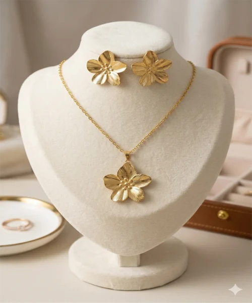 floral js1 Gold flower pendant necklace and matching floral earrings stainless steel jewellery set for women