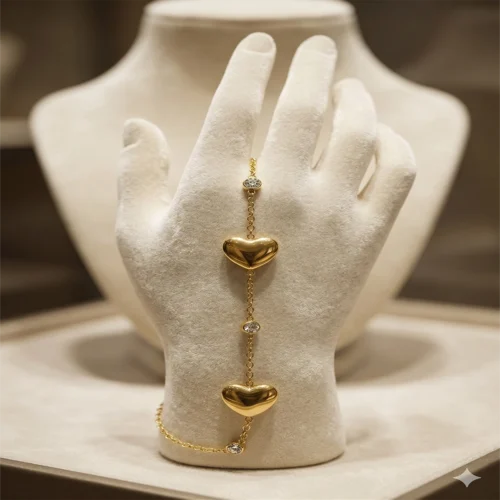 Gold Heart Charm Bracelet with Crystal Accents – Stainless Steel Adjustable Bracelet | Zbish Jewels