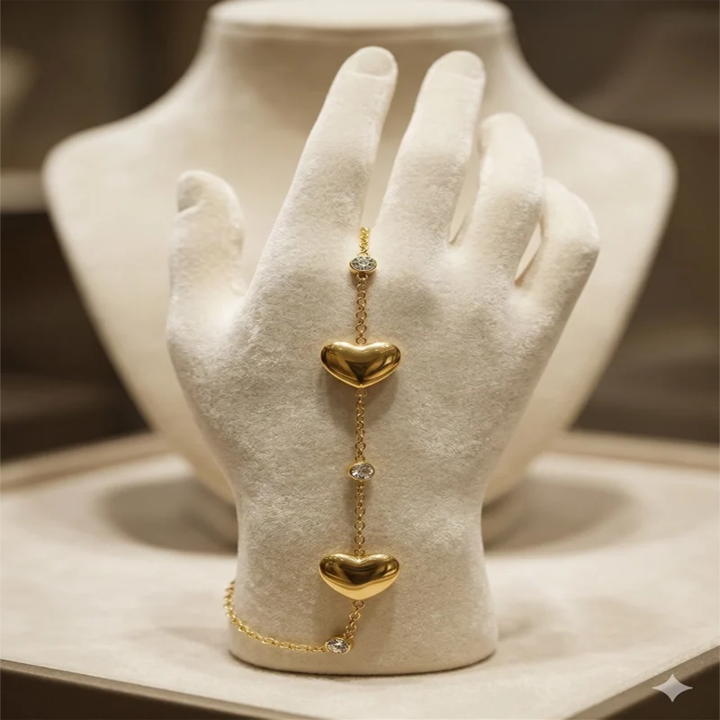 Gold Heart Charm Bracelet with Crystal Accents – Stainless Steel Adjustable Bracelet | Zbish Jewels