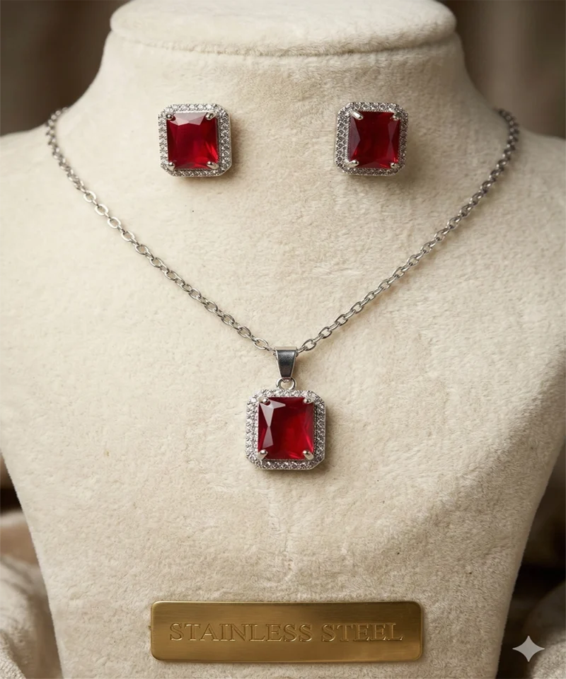 Red ruby crystal pendant necklace and earrings stainless steel jewellery set for women