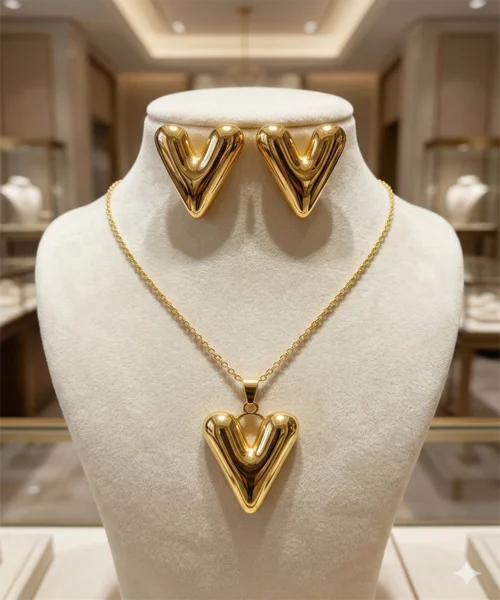 Valora heart gold pendant necklace with matching earrings stainless steel jewellery set for women